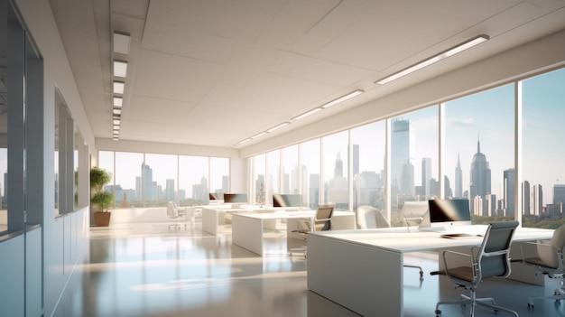 Hitech open space office in a modern urban building concrete floor and walls large tables comfortabl