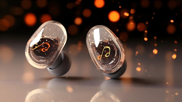 Hitech wireless earbuds floating in the air surrounded by music note
