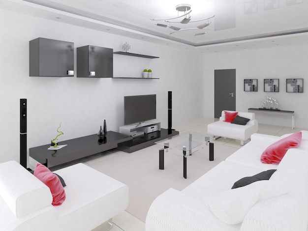 Foto hitech woonkamer met een comfortabele bank en fauteuils 3d-rendering