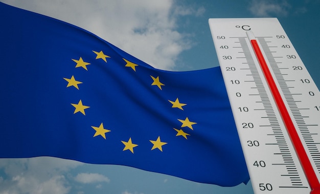 Hittegolf in Europa Thermometer voor de vlag van Europa en hemelachtergrond hittegolf