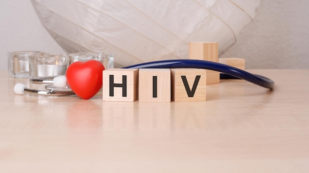 HIV abbreviation on wooden cubes human Immunodeficite virus healthcare medicine concept