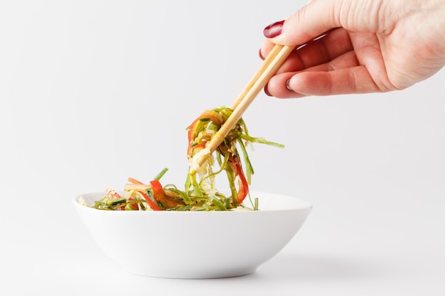 Hiyashi Wakame Chuka or seaweed salad on table