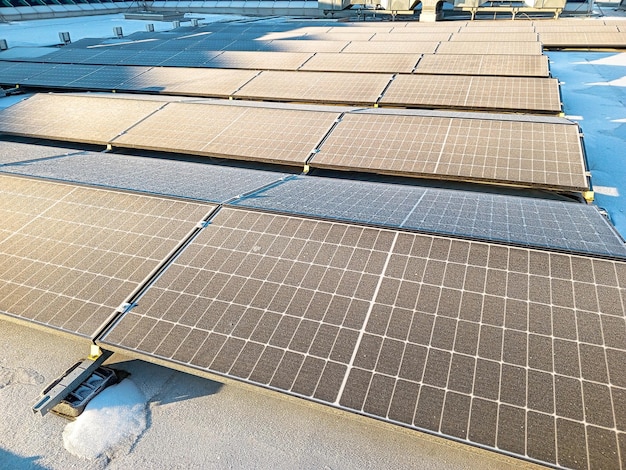 Hoar frost on frozen solar panels in wintertime