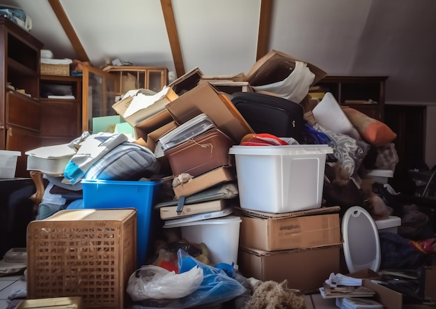 Photo hoarder room packed with boxes electronics business equipment