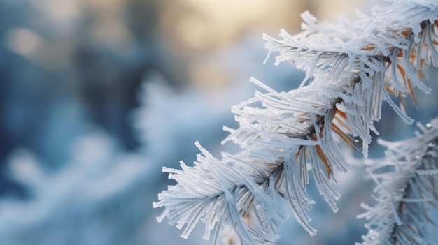 Hoarfrost on a branch of a Christmas tree Winter background
