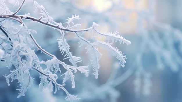 Hoarfrost op een tak van een kerstboom Winter achtergrond