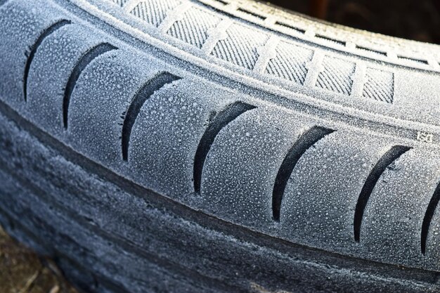 Hoarfrost on a rubber tire wheel Morning frost