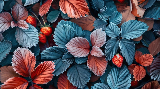 Hoarfrost on strawberry leaves in late autumn