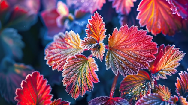 秋の終わりにストロベリーの葉にひどい凍り