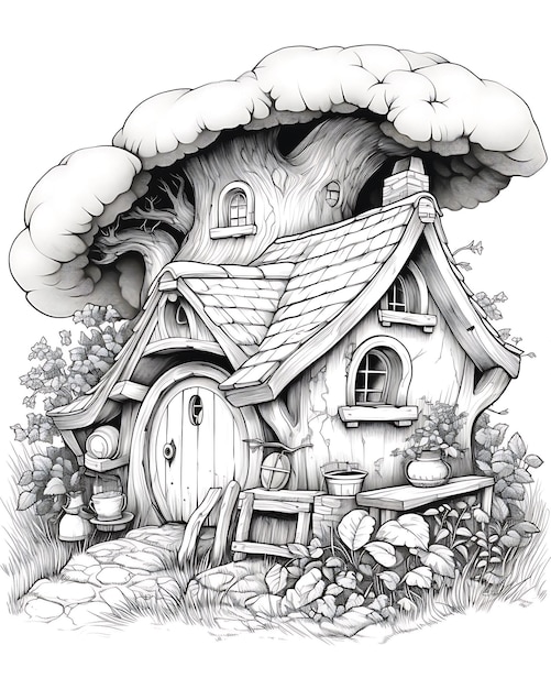 Hobbit Cottage in Garden Illustration for Coloring