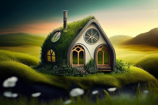 Hobbit house in the forest illustration.