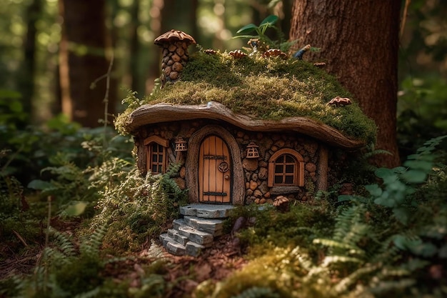 A hobbit house in the forest with moss on the roof