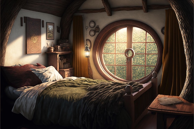 Hobbit house interior inside fantasy wooden hut in forest generative AI