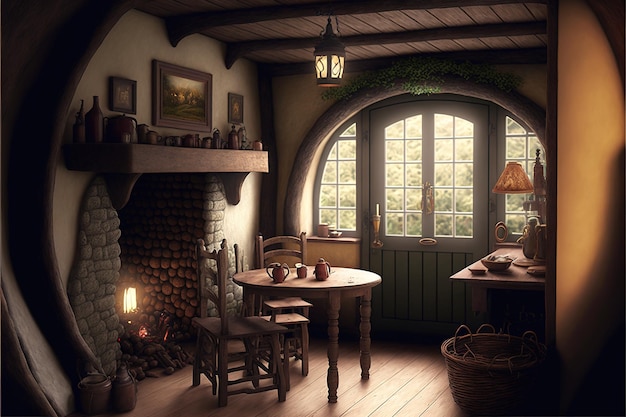 Hobbit house interior inside fantasy wooden hut with fireplace in forest generative AI