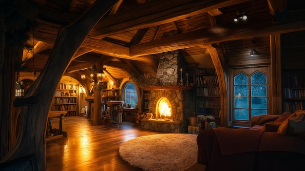 Photo hobbit house with classic wood interior with fireplace indoor look outside