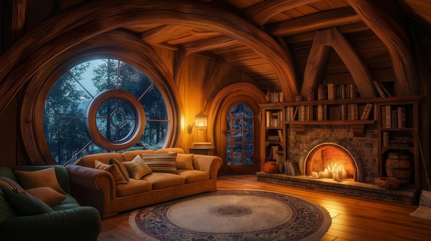 Hobbit house with classic wood interior with fireplace indoor look outside