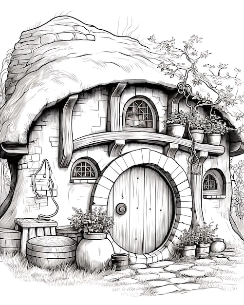 Hobbit Huis Kleurblad met Potten Buiten