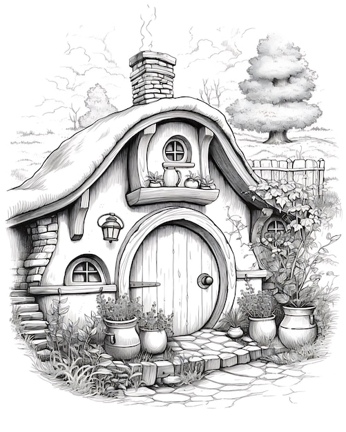 Hobbit Huis Kleurblad met Potten Buiten