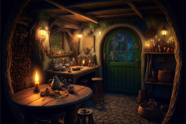Hobbit-huisbinnenland binnen fantasie houten hut bij nacht in bos generatieve AI