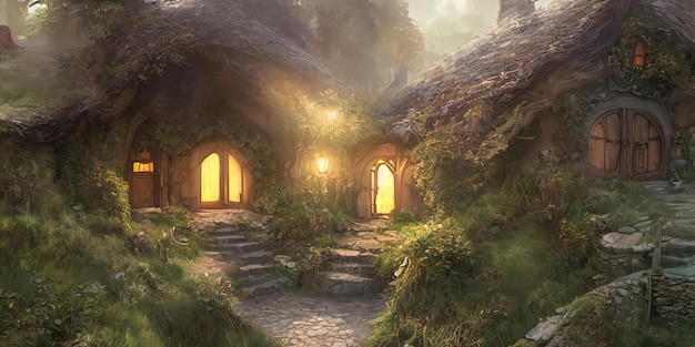 Hobbit village houses with round doors and windows Roofs of the houses are covered with grass World of the Lord of the Rings 3d illustration