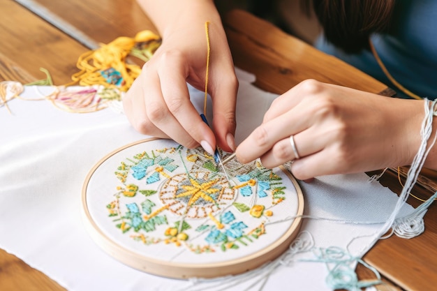 Hobbyist working on an intricate and colorful crossstitch design