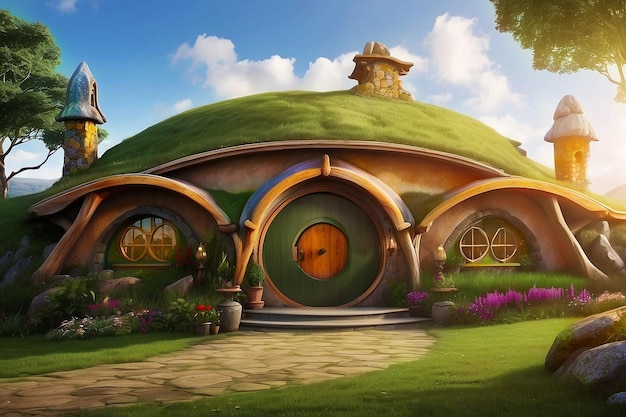 hobit medium house round door and witndow roof covered with grass and tree