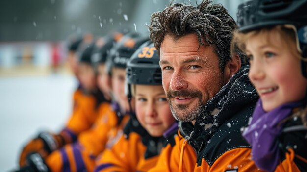 Hockey coach with team of young players on ice rink