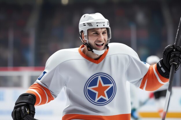 A hockey player celebrates scoring a goal