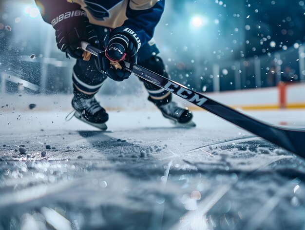 Foto giocatore di hockey sulla pista di pattinaggio sport e concetto di azione progettazione per pubblicità sportiva