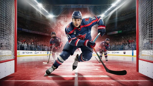 Photo a hockey player is wearing a blue helmet and is playing hockey