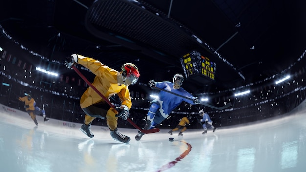 Foto giocatore di hockey gioca nell'arena della pista di pattinaggio sul ghiaccio. 3d rendono l'illustrazione in stile poligono