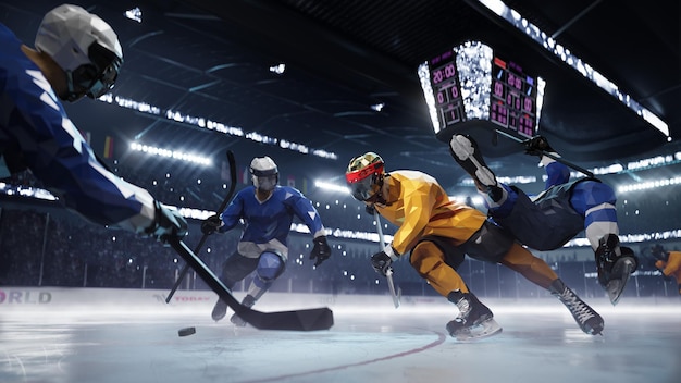 Giocatore di hockey gioca nell'arena della pista di pattinaggio sul ghiaccio. 3d rendono l'illustrazione in stile poligono