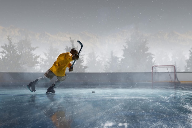 Hockey player play in Ice rink arena. around forest and mountains 3d render polygon style illustration