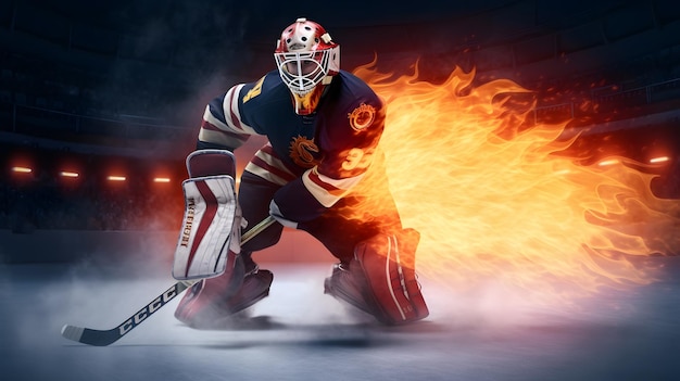 Hockey player with a fireball on his helmet