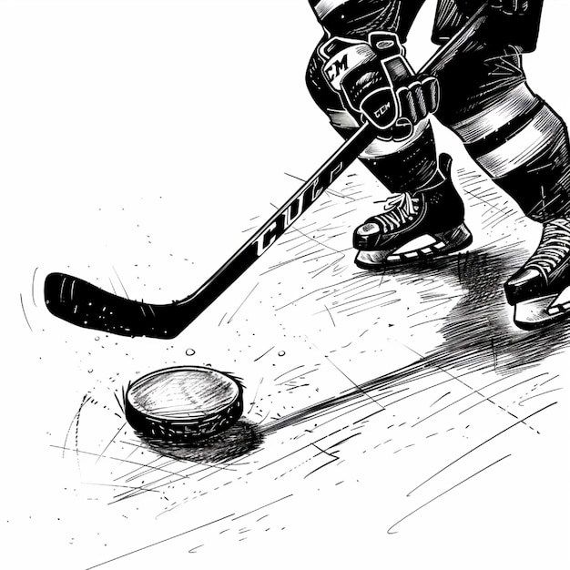 Photo hockey puck and player taking a slap shot