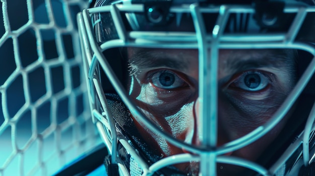 Foto hockey rink arena ritratto di un brutale portiere professionista che indossa una maschera di portiere che guarda la telecamera seriamente determinato portiere determinato a vincere campione sicuro atleta in primo piano