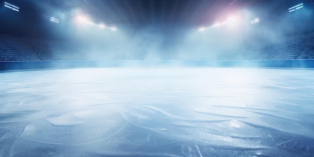 Photo a hockey rink covered in fog with spotlights illuminating the area suitable for sportsthemed designs and marketing materials