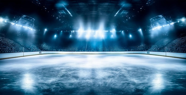 Hockey stadium empty sports arena with ice rink cold background AI generated image