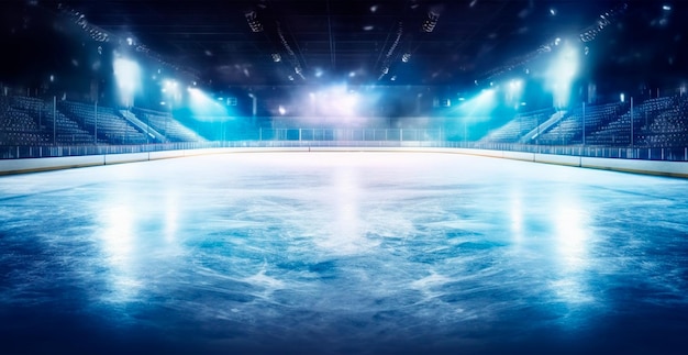 Foto stadio di hockey arena sportiva vuota con pista di pattinaggio su ghiaccio sfondo freddo immagine generata dall'intelligenza artificiale