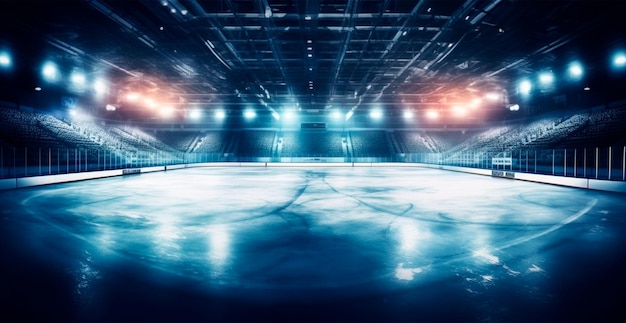 Hockey stadium empty sports arena with ice rink cold background AI generated image