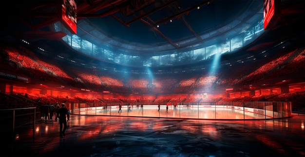 Hockey stadium empty sports arena with ice rink cold background AI generated image