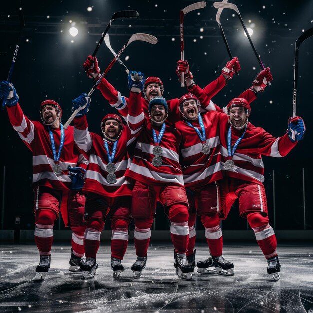 Photo the hockey team celebrates the victory at the hockey stadium