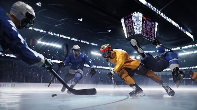 Foto hockeyspeler spelen in ijsbaan arena. 3d render veelhoek stijl illustratie