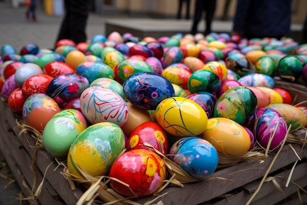 Hoe Pasen te vieren: een weergave van kleurrijke paaseieren op een nest van houten stokjes. gemaakt met generatieve AI-technologie