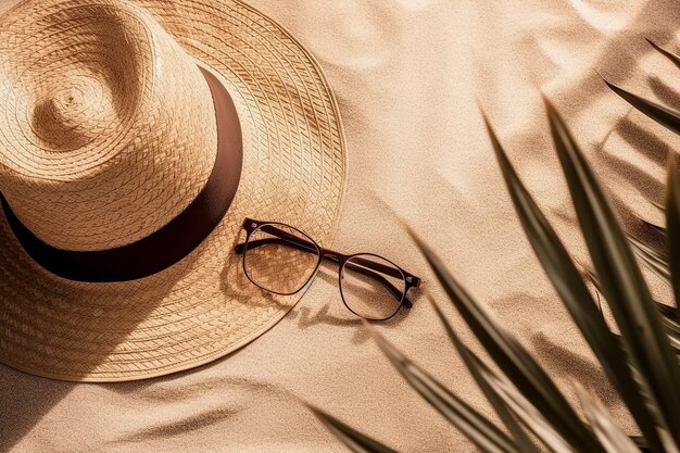 hoed bril en palmbladeren op het zandstrand reizen vakantie concept met lege ruimte foto