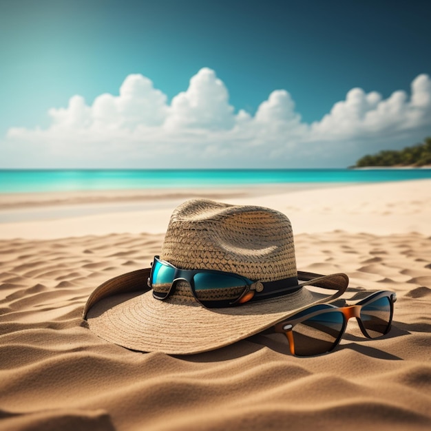 Hoed en zonnebril op het zandstrand zomerreis gelukkige vakantie zomervakantie concept hoed en zee