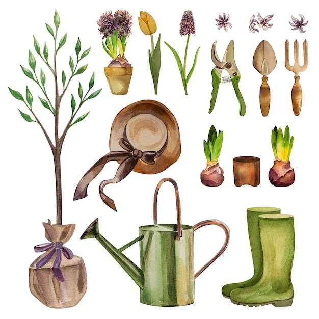 Hoed laarzen water kan ui hyacinth set rake bloem bij tuinieren illustraties gemaakt in waterverf op een witte achtergrond geschikt voor het ontwerp van servies textiel ansichtkaarten
