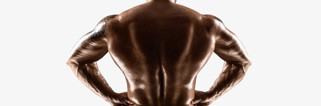 Hoed voor de site, mannelijke bodybuilders naakte torso toont spieren geïsoleerd op wit