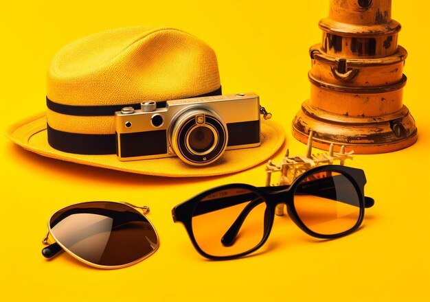 Hoedencamera en zonnebril staan op gele achtergrond