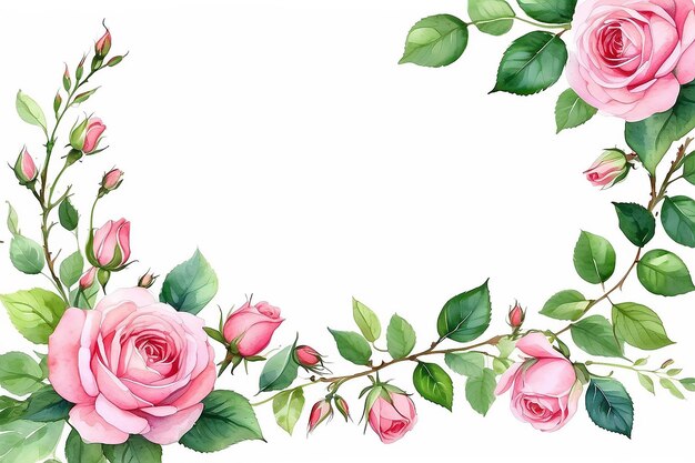 Hoek frame van roze rozen bladeren en knoppen op een witte achtergrond met de hand getekende aquarel illustratie Kopieer ruimte
